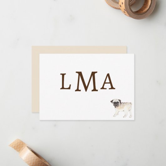 Pug Hondenliefhebber Monogram Note Kaart Notitiekaartje (Voorkant / Achterkant in situ)