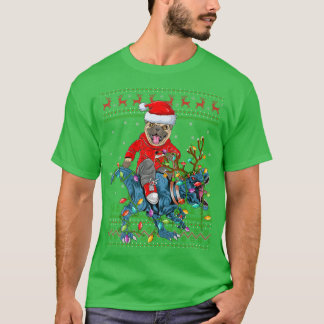 Pug Hondenliefhebber Ugly Xmas Lights Pug Riding D T-shirt