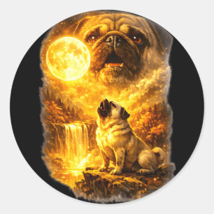 Pug huilt naar maan episch bos fantasie ronde sticker