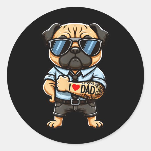 Pug I Love Dad Funny Dog Tattoo Ronde Sticker (Voorkant)
