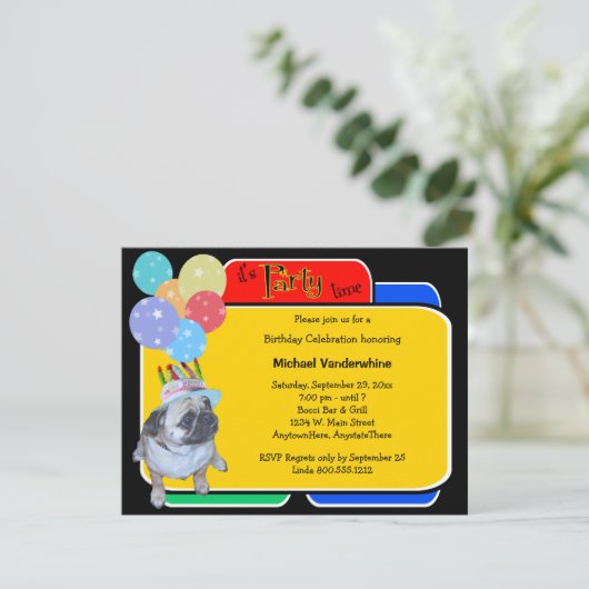 Pug in a Birthday Pet Birthday Barker Kaart (Staand voorkant)