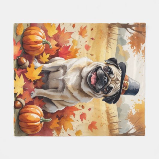 Pug in Autumn verlaat Thanksgiving Fleece Deken (Voorkant (Horizontaal))