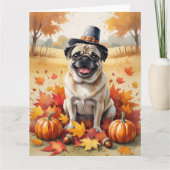 Pug in Autumn verlaat Thanksgiving Kaart (Voorkant)