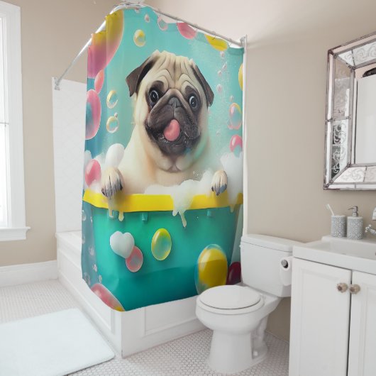 Pug in Bathtub met bubbels Douchegordijn (In situ)