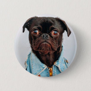 Pug in Denim Jackey Cute Schattig Dog Puppy Ronde Button 5,7 Cm