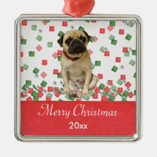 Pug-in-hand gekleurde kerstConfetti Metalen Ornament