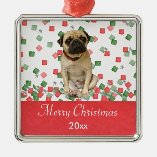 Pug-in-hand gekleurde kerstConfetti Metalen Ornament (Voorkant)