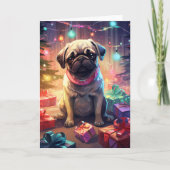 Pug in kerstpyjama naast de kerstboom kaart (Voorkant)