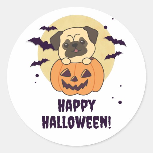 Pug in Pumpkin Sweet Dogs Happy Halloween Ronde Sticker (Voorkant)