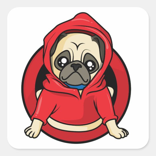 Pug in rode hoodie vierkante sticker (Voorkant)