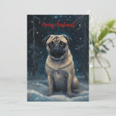 Pug In Sneeuw Aquarel Kerstmis Feestdagenkaart (Staand voorkant)