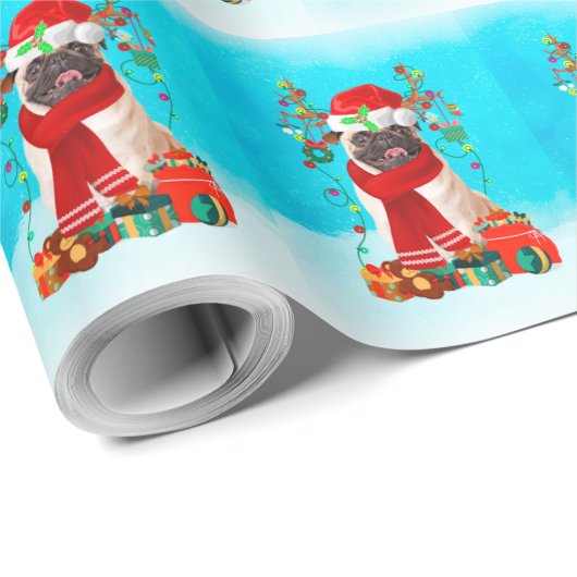 Pug in sneeuw met kerstcadeautjes cadeaupapier (Rol Hoek)