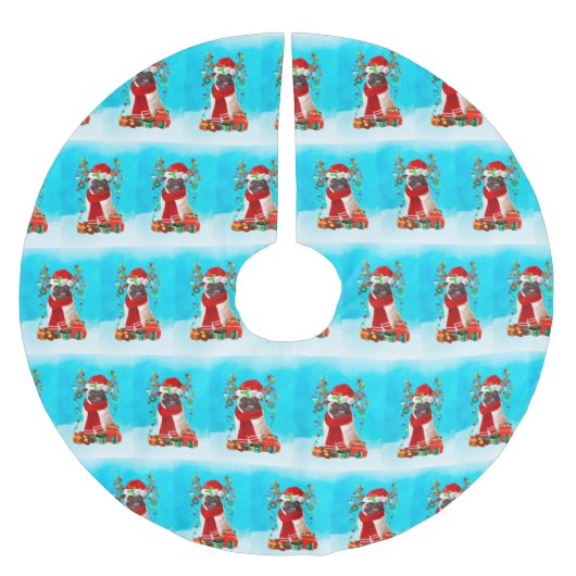 Pug in sneeuw met kerstcadeautjes kerstboom rok (Voorkant)
