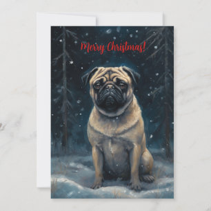 Pug in Snow Waterverf Kerst Feestdagenkaart