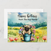 Pug in wilde bloemen verjaardag aquarel briefkaart (Voorkant / Achterkant)