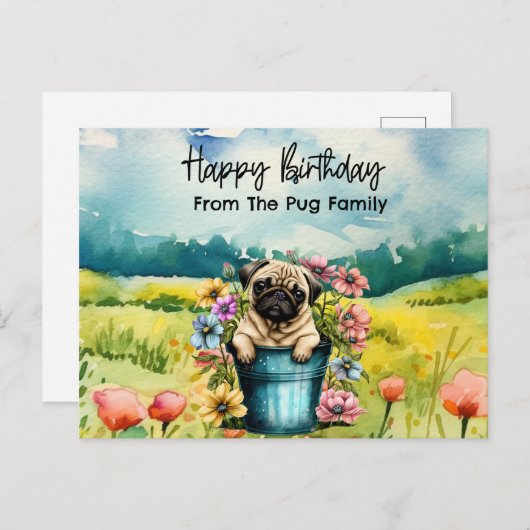 Pug in wilde bloemen verjaardag aquarel briefkaart (Voorkant / Achterkant)