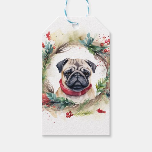 Pug Kerst Krans Festieve Pup Cadeaulabel (Voorkant)