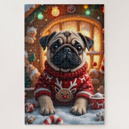 Pug Kerst Kunst Legpuzzel (Verticaal)