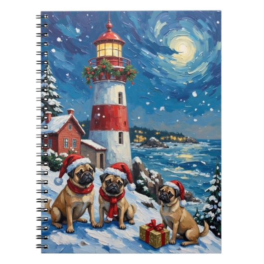 Pug Kerst Lichtbaken Vakantie Notitieboek (Voorkant)