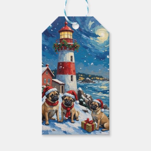 Pug Kerst Vuurtoren Vakantie Cadeaulabel (Voorkant)