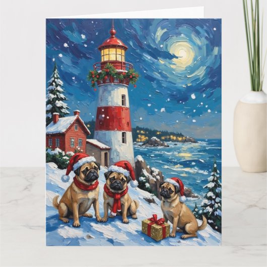 Pug Kerst Vuurtoren Vakantie Kaart (Voorkant)