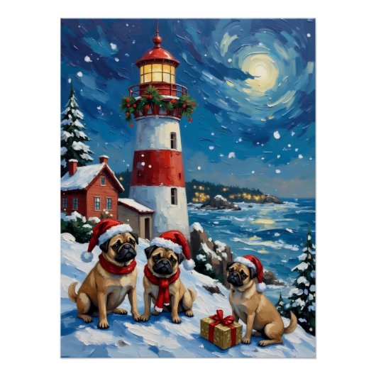 Pug Kerst Vuurtoren Vakantie Perfect Poster (Voorkant)
