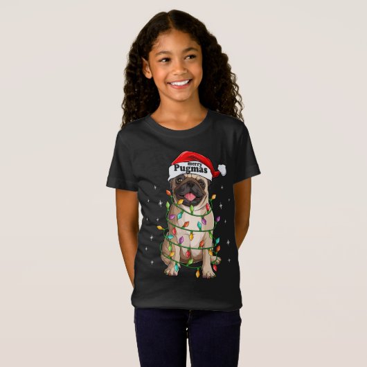 Pug kerstboomverlichting Santa Dog-programma's Fun T-shirt (Voorkant volledig)