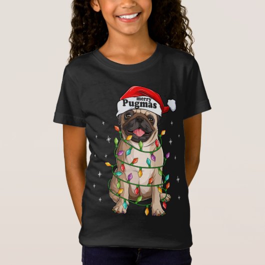 Pug kerstboomverlichting Santa Dog-programma's Fun T-shirt (Voorkant)