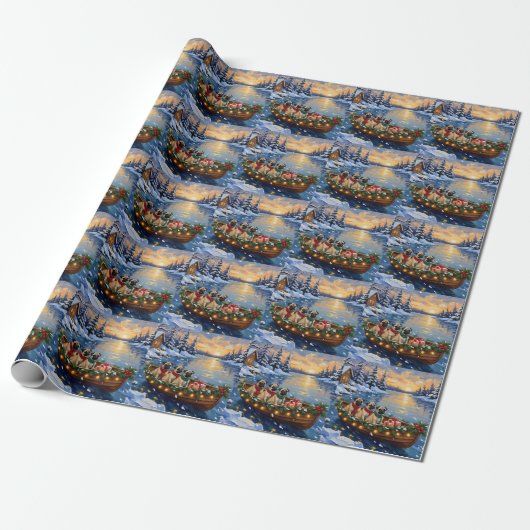 Pug Kerstboot Vakantie Cadeaupapier (Uitgerold)