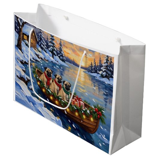 Pug Kerstboot Vakantie Groot Cadeauzakje (Voorkant Gekanteld)