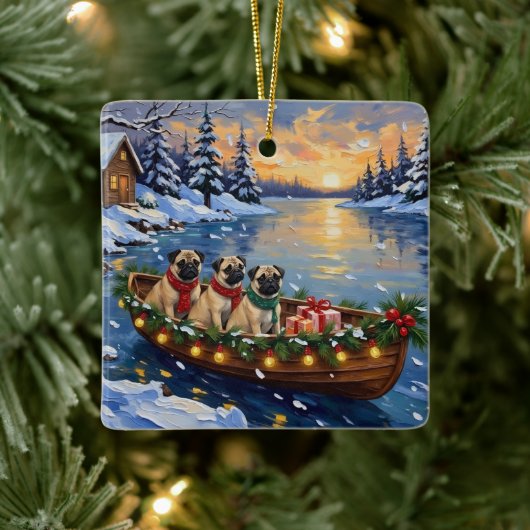 Pug Kerstboot Vakantie Keramisch Ornament (Boom)