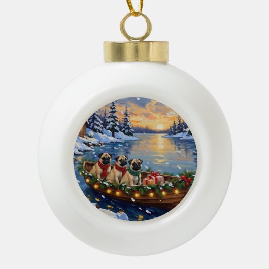 Pug Kerstboot Vakantie Keramische Bal Ornament (Voorkant)