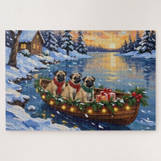 Pug Kerstboot Vakantie Legpuzzel (Horizontaal)