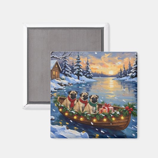 Pug Kerstboot Vakantie Magneet (Voorkant / Achterkant)