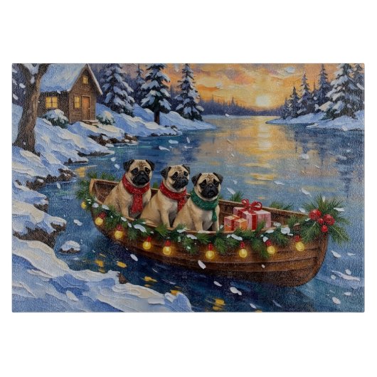 Pug Kerstboot Vakantie Snijplank (Voorkant)