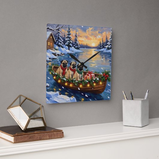 Pug Kerstboot Vakantie Vierkante Klok (Kantoor)