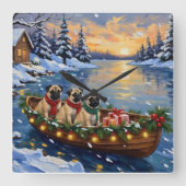 Pug Kerstboot Vakantie Vierkante Klok (Voorkant)