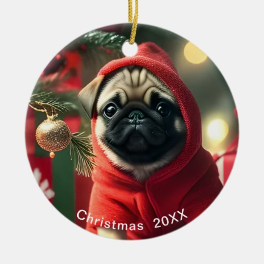 Pug kerstdatum of voeg Pet Photo toe Keramisch Ornament (Voorkant)