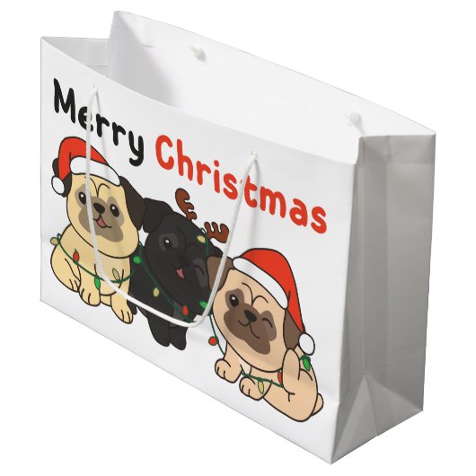 Pug-kerstdieren kotsen met vrolijk kerstfeest groot cadeauzakje (Voorkant Gekanteld)
