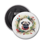 Pug Kerstkrans Feestelijke Pup Button Flesopener (Voorkant)