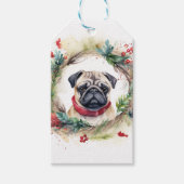 Pug Kerstkrans Feestelijke Pup Cadeaulabel (Voorkant)