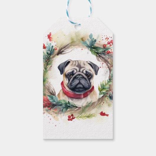 Pug Kerstkrans Feestelijke Pup Cadeaulabel (Achterkant)