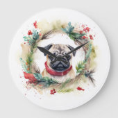 Pug Kerstkrans Feestelijke Pup Grote Klok (Voorkant)