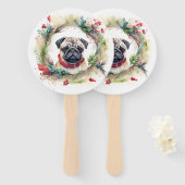 Pug Kerstkrans Feestelijke Pup Handwaaier (Voorkant en achterkant)