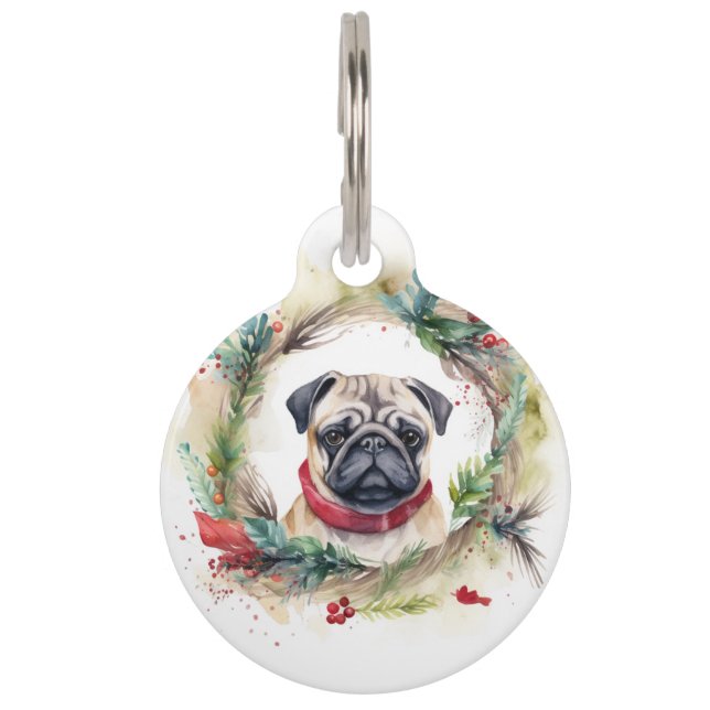 Pug Kerstkrans Feestelijke Pup Huisdierpenning (Voorkant)