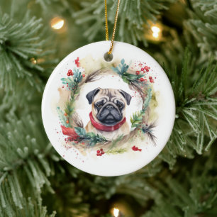 Pug Kerstkrans Feestelijke Pup Keramisch Ornament