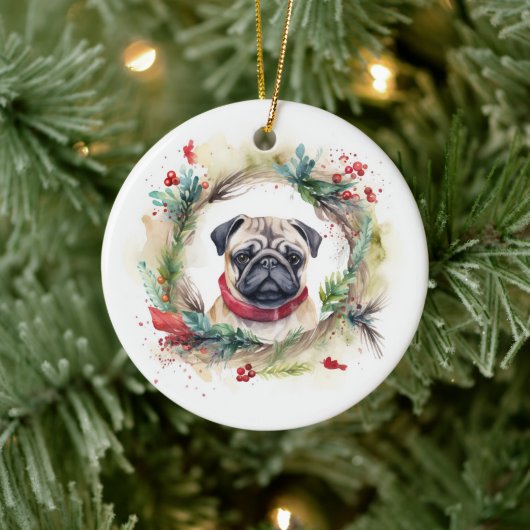 Pug Kerstkrans Feestelijke Pup Keramisch Ornament (Boom)