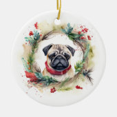 Pug Kerstkrans Feestelijke Pup Keramisch Ornament (Voorkant)