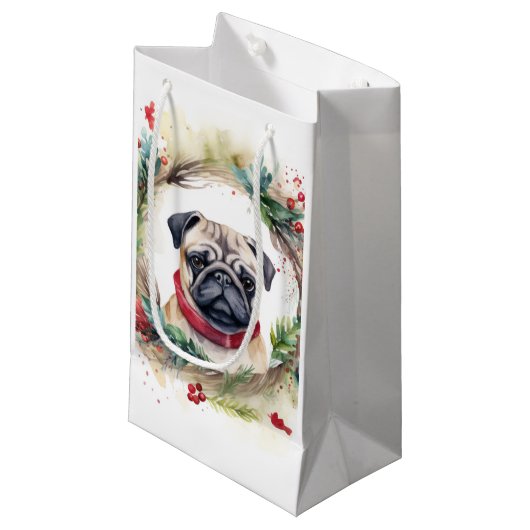Pug Kerstkrans Feestelijke Pup Klein Cadeauzakje (Voorkant Gekanteld)