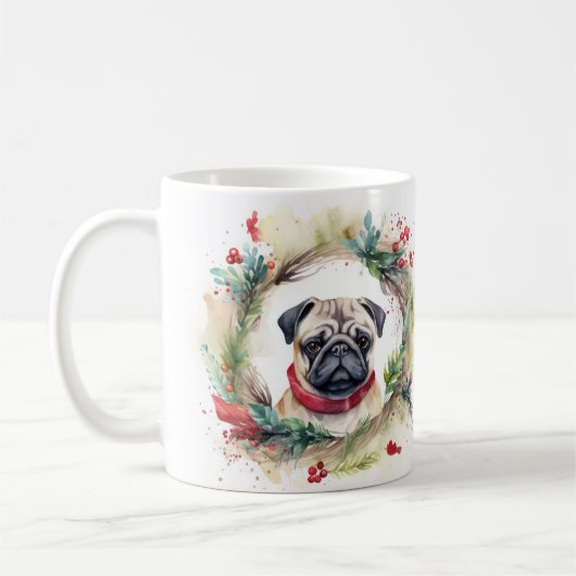 Pug Kerstkrans Feestelijke Pup Koffiemok (Links)